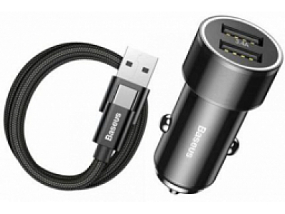 Baseus Car Charger Small Screw Series 2USB 3.4A + USB-C Cable Black